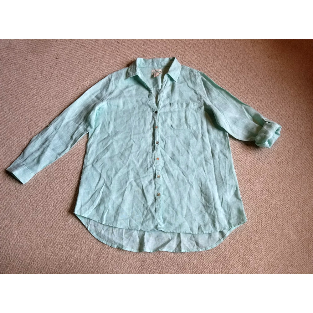 NWOT Womens Top-CHRISTIAN SIRIANO-mint green linen button-up hi-lo Coastal-L